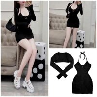 [HÀNG MỸ] Set đầm ngắn kèm áo khoác FOREVER21 ôm body thun poly gân tăm yếm dây khoét ngực đen trơn