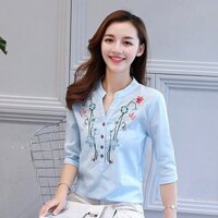 Hàng Nhập : ÁO CỔ V XẺ TRỤ DÀI, THÊU HOA TRẺ TRUNG – AK 184