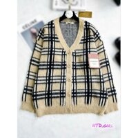 Hàng nhập - Áo khoác len nam nữ kẻ BBR tay dài cổ V cài nút, áo kiểu Quảng Châu thu đông gắn tag cách điệu