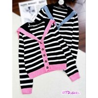 Hàng nhập - Áo khoác len nữ có mũ kẻ ngang cài nút, áo kiểu Quảng Châu thu đông tay dài