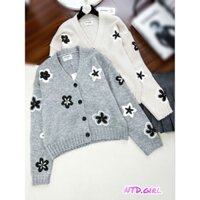 Hàng nhập - Áo khoác len nữ dệt kim tay dài cổ V cài nút, áo kiểu Quảng Châu cardigan họa tiết hoa trắng đen