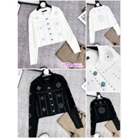 Hàng nhập - Áo khoác len nữ dệt kim đính hạt hoa văn, áo kiểu Quảng Châu thu đông tay dài cổ tròn cài nút xanh