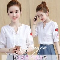 Hàng Nhập : ÁO SƠ MI CỔ V, TAY THÊU HOA HỒNG – AK 054