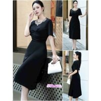 Hàng nhập - Đầm dáng ôm thun cotton tay ngắn viền đính hạt, váy body Quảng Châu cổ tròn thanh lịch