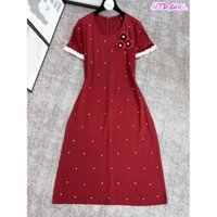 Hàng nhập - Đầm dáng ôm thun cotton tay ngắn viền trắng đính hoa ngực, váy body Quảng Châu cổ tròn