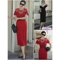 Hàng nhập - Đầm dáng ôm thun mịn mát cổ tròn đính đá, váy body Quảng Châu xẻ tà sau