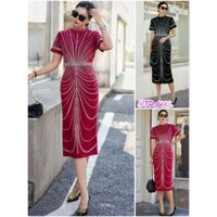 Hàng nhập - Đầm dáng ôm thun mịn đẹp đính đá sang trọng, váy body Quảng Châu xẻ tà sau cổ tròn