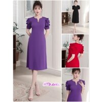 Hàng nhập - Đầm dáng ôm thun mịn mát tay ngắn xếp cánh hoa, váy Quảng Châu cổ tròn xẻ V logo VLTN