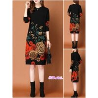 Hàng nhập - Đầm dáng suông len dệt kim tay dài in hoa lớn, váy xuông Quảng Châu thu đông dạo phố