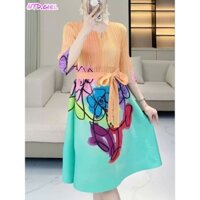 Hàng nhập - Đầm dáng suông lụa xếp li tay ngắn cổ tròn xẻ V, váy xuông Quảng Châu phối màu in hoa lá