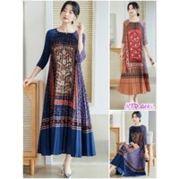 Hàng nhập - Đầm dáng suông lụa xếp li form dài maxi tay lỡ, váy xuông Quảng Châu cổ rộng hoa văn