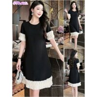 Hàng nhập - Đầm dáng suông thun cotton mát lạnh viền trắng nhún bèo, váy xuông Quảng Châu cổ tròn tay ngắn