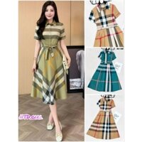 Hàng nhập - Đầm dáng xòe cổ sơ mi kẻ BBR tay ngắn, váy Quảng Châu cài nút trước thanh lịch