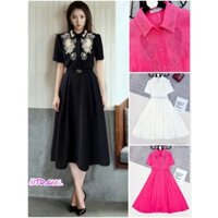 Hàng nhập - Đầm dáng xòe cổ sơ mi tay ngắn thêu hoa ngực, váy dự tiệc Quảng Châu logo VLTN sang trọng