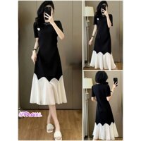 Hàng nhập - Đầm dáng xòe đuôi cá phối màu trắng đen, váy Quảng Châu dự tiệc tay ngắn cổ tròn