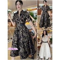Hàng nhập - Đầm dáng xòe gấm hoa cổ sơ mi tay ngắn kèm belt, váy dự tiệc Quảng Châu sang trọng