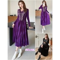 Hàng nhập - Đầm dáng xòe lụa xếp li tay dài cổ V hoa văn, váy dự tiệc Quảng Châu sang trọng