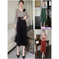 Hàng nhập - Đầm dáng xòe lụa xếp li tay dài cổ V đính hoa, váy Quảng Châu phối màu sang trọng