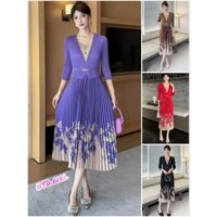 Hàng nhập - Đầm dáng xòe lụa xếp li cổ V phối màu, váy Quảng Châu tay dài tùng in hoa lá