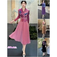 Hàng nhập - Đầm dáng xòe lụa xếp li free size tay dài cổ vest, váy dự tiệc Quảng Châu họa tiết hoa và bươm bướm