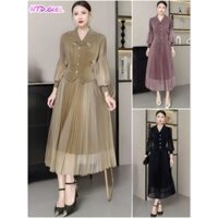 Hàng nhập - Đầm dáng xòe lụa xếp li free size tay dài cổ vest, váy dự tiệc Quảng Châu đính hoa sang trọng