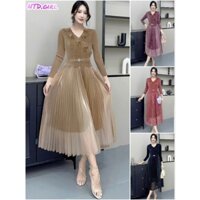Hàng nhập - Đầm dáng xòe lụa xếp li cổ V ngực xếp chéo, váy Quảng Châu dự tiệc ngực đính hoa