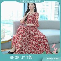 HÀNG NHẬP - ĐẦM MAXI VOAN HOA CỔ V VIỀN BÈO TAY LOE