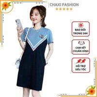 HÀNG NHẬP - ĐẦM SUÔNG THUN ĐEN PHỐI MÀU XANH CAO CẤP - LS11380