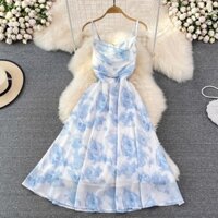 HÀNG NHẬP - ĐẦM XÒE MAXI 2 DÂY VOAN LỤA TRẮNG IN HOA HỒNG XANH SIÊU XINH - D156275