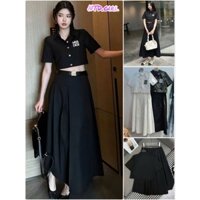 Hàng nhập - Set bộ nữ croptop gồm áo và chân váy xòe, sét đầm Quảng Châu thêu logo phong cách xì teen
