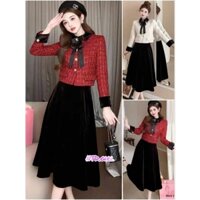 Hàng nhập - Set bộ nữ gồm chân váy nhung xòe và áo khoác dạ, sét đầm Quảng Châu tay dài đính nơ cổ