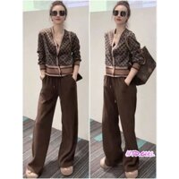 Hàng nhập - Set bộ nữ len dệt kim hoa văn nâu cổ V, sét đồ Quảng Châu gồm áo và quần dài ống suông thu đông