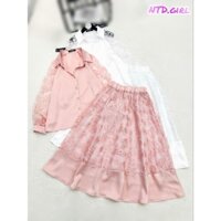 Hàng nhập - Set bộ nữ lụa tơ phối ren hoa sang trọng, sét đầm Quảng Châu gồm áo sơ mi và chân váy xòe dài