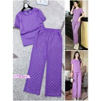 Hàng nhập - Set bộ nữ thun cotton mát lạnh chấm bi, sét đồ Quảng Châu gồm quần dài và áo cổ tròn tay ngắn