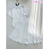 Hàng nhập - Set bộ nữ vải xô phối ren hoa văn trắng cổ sơ mi, sét đầm Quảng Châu VLTN gồm áo và chân váy xòe