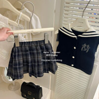 [HÀNG OD] S59 Set phong cách đồng phục học sinh Nhật Hàn cổ thuỷ thủ thêu ngực + chân váy xếp ly caro xinh xắn hè 2025