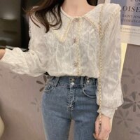 (Hàng oder) Áo sơ mi họa tiết thêu ren 3D cao cấp, áo kiểu phong cách hàn quốc, áo sơ mi cổ vuông tay phồng nhẹ.