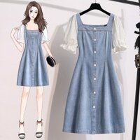 🌸Hàng Oder🌸 Váy Đầm Bigsize Jean Tay Ren Phối Cúc Dáng Xoè Trẻ Trung Dịu Dàng🌸Hàng Quảng Châu