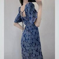 (Hàng oder) Váy đầm body đuôi cá màu xanh thẫm hoa nhí. Váy đầm ôm body cổ vuông tay ngắn xẻ tà.