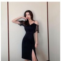 (Hàng oder) Váy đầm body màu đen xẻ tà cổ V sexy, gợi cảm. Váy đầm dự tiệc cao cấp