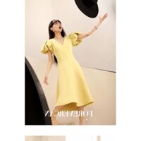 (Hàng oder) Váy đầm màu vàng tay ngắn phồng dáng dài xòe. Váy đầm cổ V tay phồng dáng xòe. Váy đầm mẫu hot năm 2021
