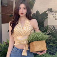 [HÀNG ORDER] ÁO CỔ YẾM CROPTOP SƠ MI SỌC CARO