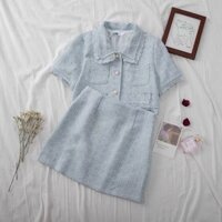 (Hàng order) Áo crotop+chân váy dạ xanh pastel