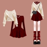 [Hàng Order] Áo len dệt kim cao câp + đầm dáng xòe phong cách Hàn Quốc nữ