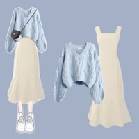 [Hàng Order] Bộ đồ Áo len dệt kim lỗ cao cấp + Đầm nàng tiên cá phong cách thời trang Hàn Quốc nữ