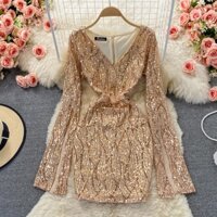 [Hàng order có video] Đầm cổ V dài tay ôm body, váy đính sequin sang chảnh dự tiệc Đ929