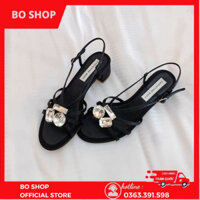 [HÀNG ORDER]Dép sandal đen nữ 1 cm đế thấp mũi hở dây quai cài đính đá phản quang sang trọng BO SHOP
