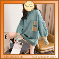 HÀNG PASS Áo Len Form Dài Màu Xanh Nhẹ Nhàng Tay Phồng Cách Điệu