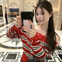 (HÀNG QC) Áo trễ vai len mỏng phối cúc kẻ sọc ngang Hàn Quốc, hàng hot trend thu đông HAVANA LEN212