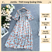 Hàng QC - Đầm Xòe Maxi Voan Hoa Màu Xanh Ngực Bo Chun Cổ Vuông Tay Loe Siêu Xinh